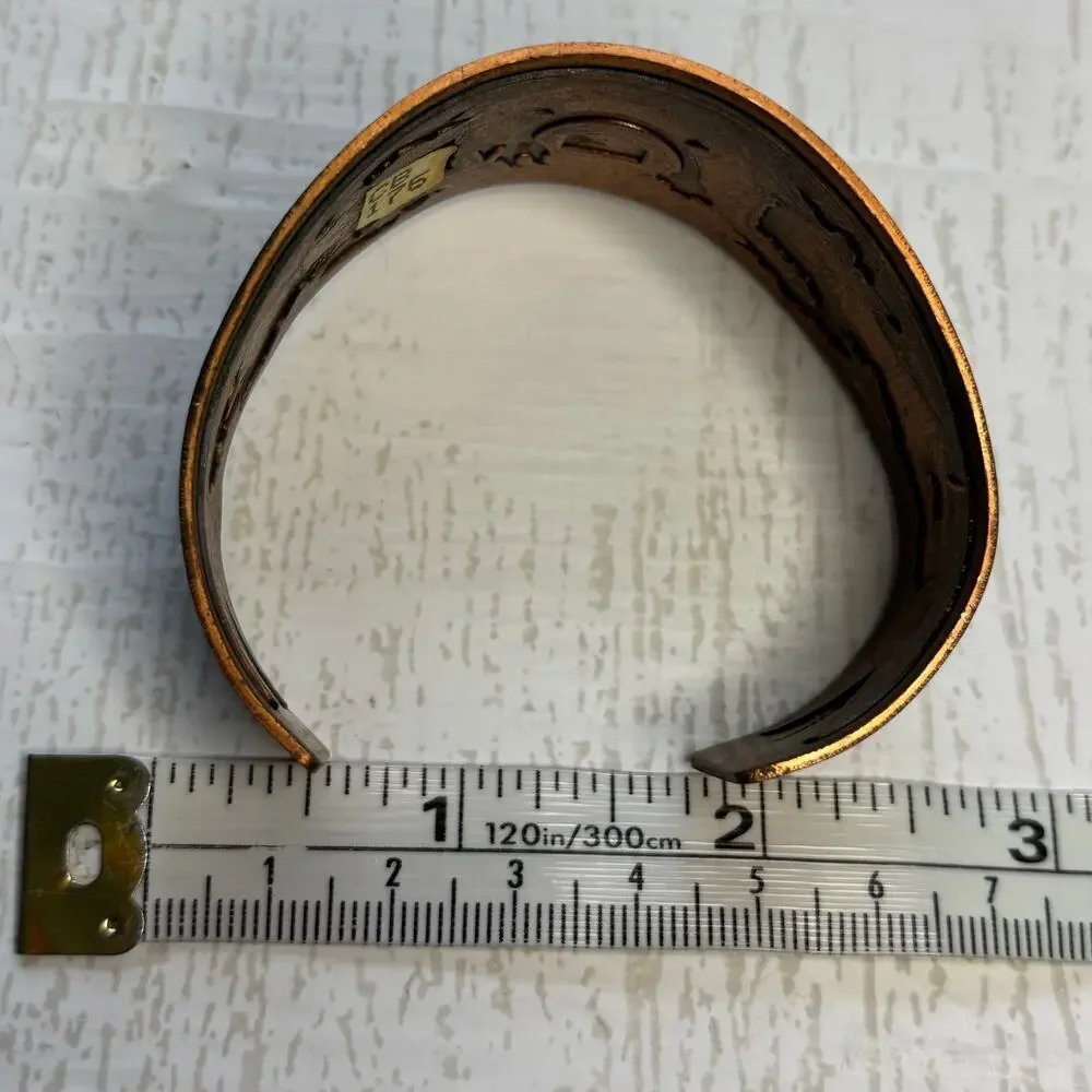 Copper Cuff Bracelet with Etched Buffalo Dancer and Rainbow Yei Design
